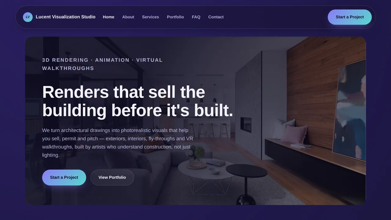 Lucent Visualization Studio — 3D Architecture Visualization Studio Website (Frontend + Backend) — preview screenshot 1 of 3