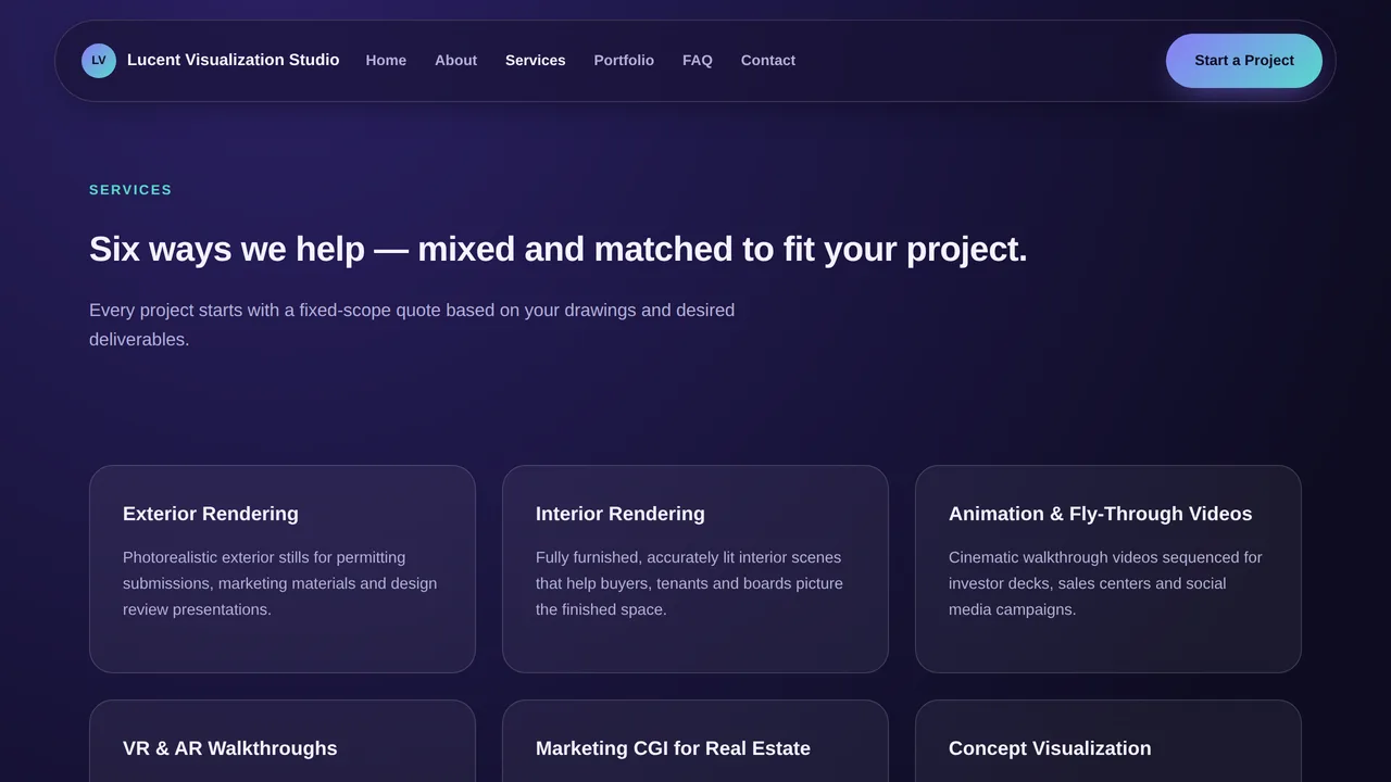 Lucent Visualization Studio — 3D Architecture Visualization Studio Website (Frontend + Backend) — preview screenshot 3 of 3