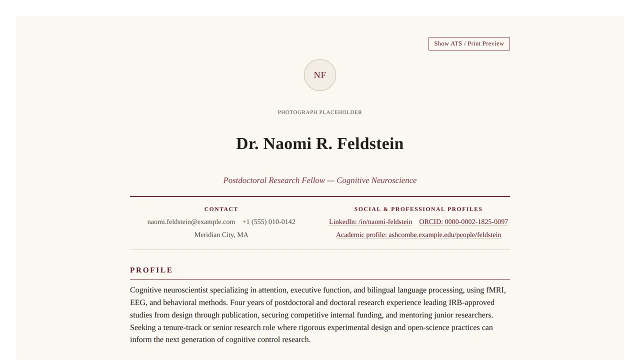 Academic / Research CV — ATS-Friendly Resume & CV Template — Resumes & CVs template preview