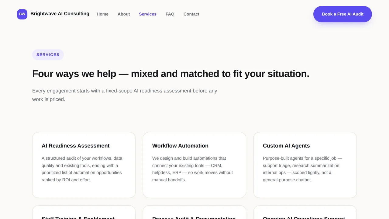 Brightwave AI Consulting — AI Automation Consultancy Website (Frontend + Backend) — preview screenshot 3 of 3