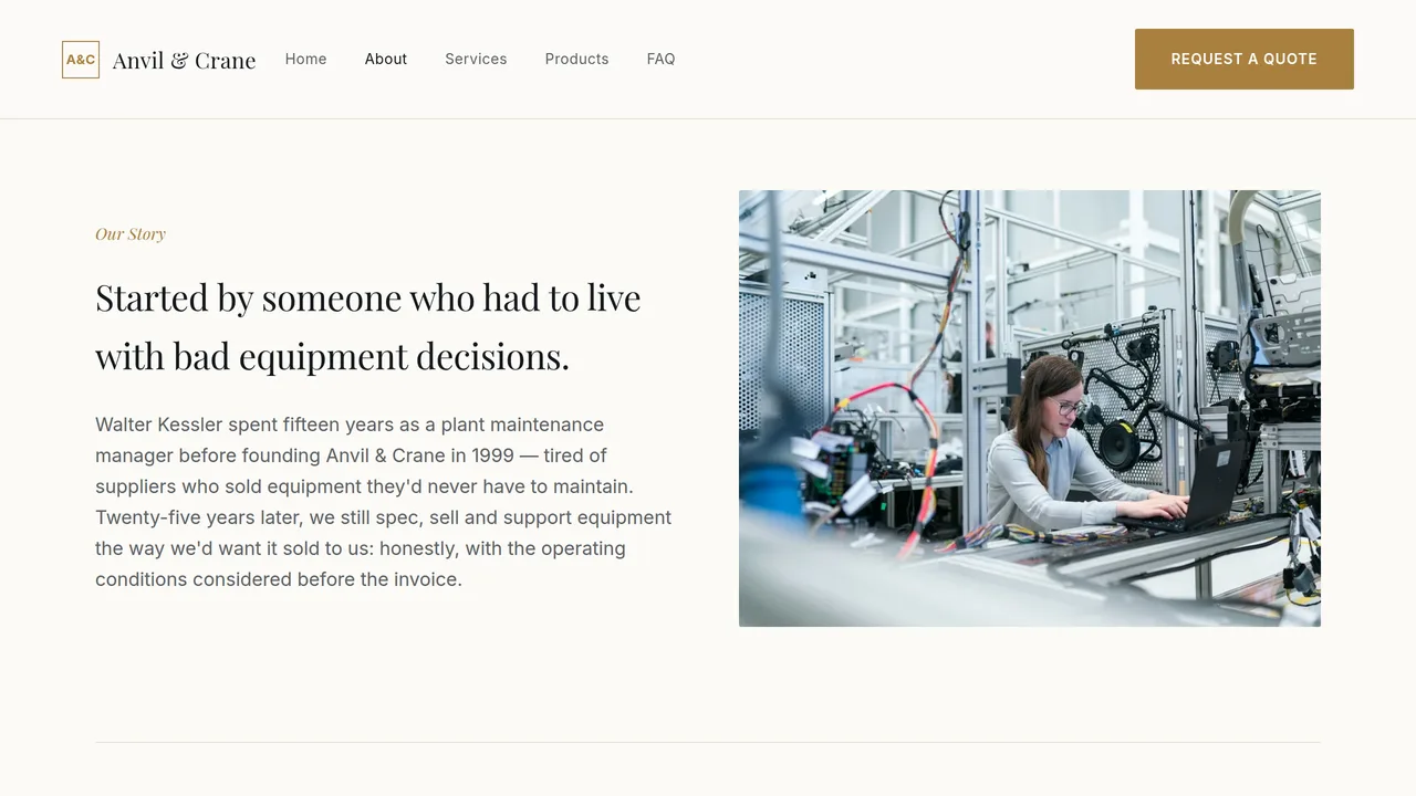 Anvil & Crane Industrial Supply — Industrial Equipment Supplier Website (Frontend + Backend) — preview screenshot 2 of 3