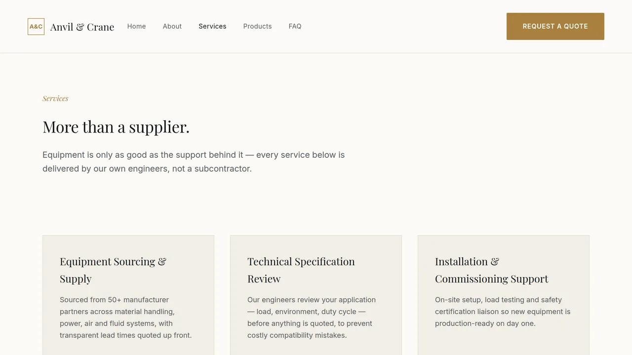 Anvil & Crane Industrial Supply — Industrial Equipment Supplier Website (Frontend + Backend) — preview screenshot 3 of 3