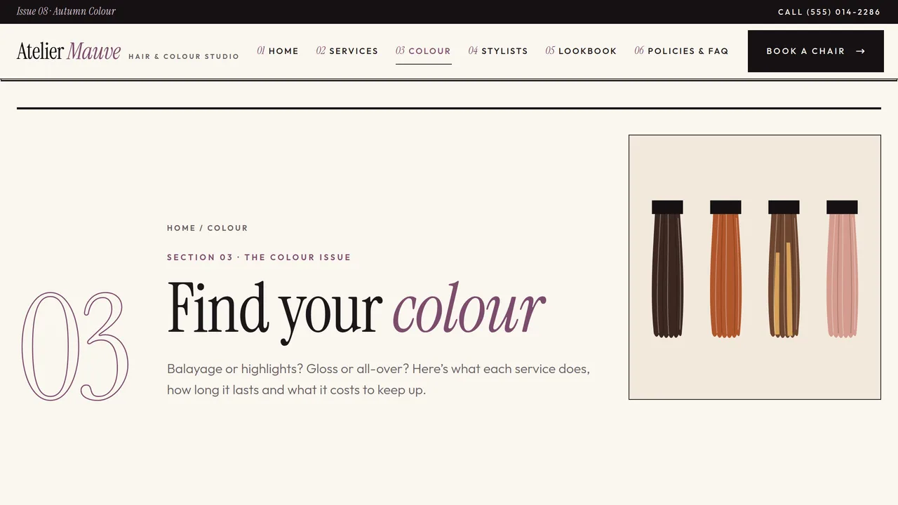 Atelier Mauve — Hair Salon & Colour Studio Website (7 Pages) — preview screenshot 3 of 4