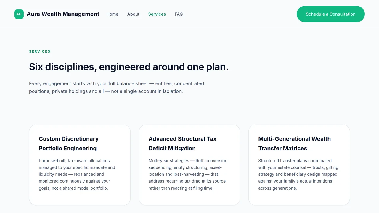 Aura Wealth Management — Private Wealth Advisory Website (Frontend + Backend) — preview screenshot 3 of 3