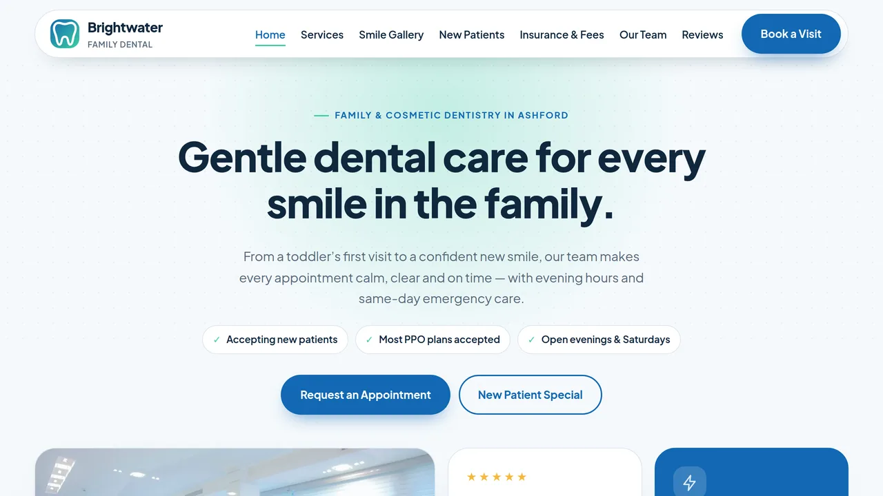 Brightwater Family Dental — Family & Cosmetic Dentist Website (8 Pages) — preview screenshot 1 of 4