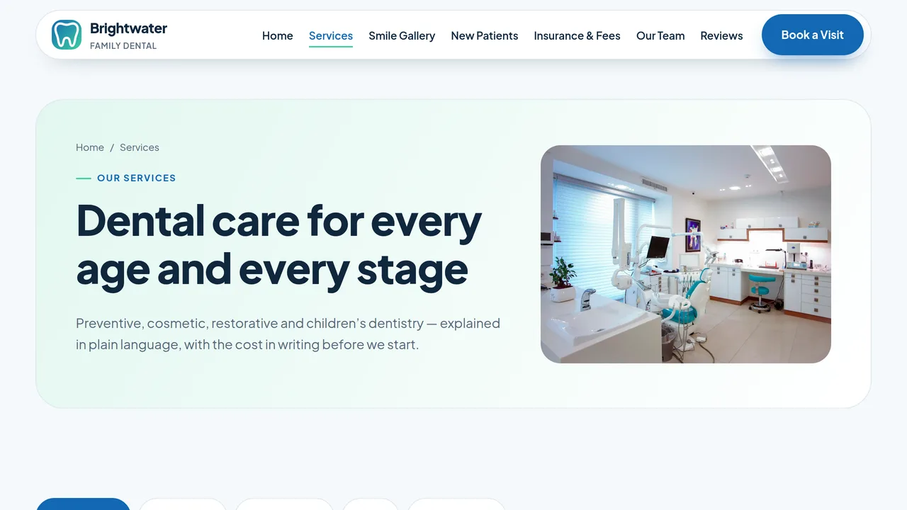 Brightwater Family Dental — Family & Cosmetic Dentist Website (8 Pages) — preview screenshot 2 of 4