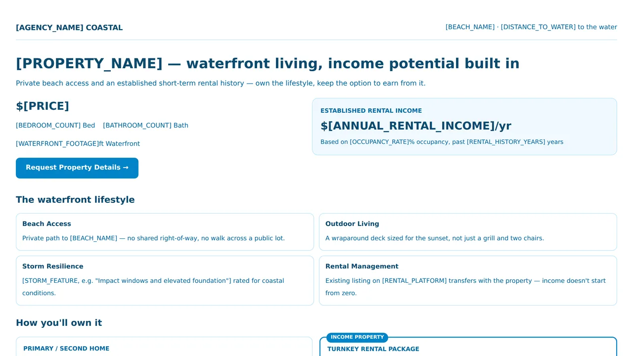 Coastal Vacation Rental & Waterfront Estate Promo Page — Real Estate Listings template preview