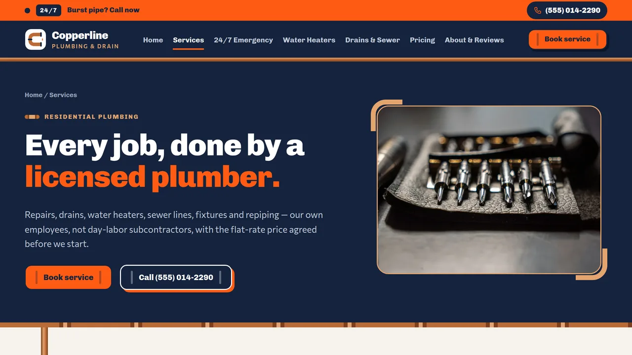 Copperline Plumbing & Drain — Plumbing Company Website (8 Pages) — preview screenshot 2 of 4
