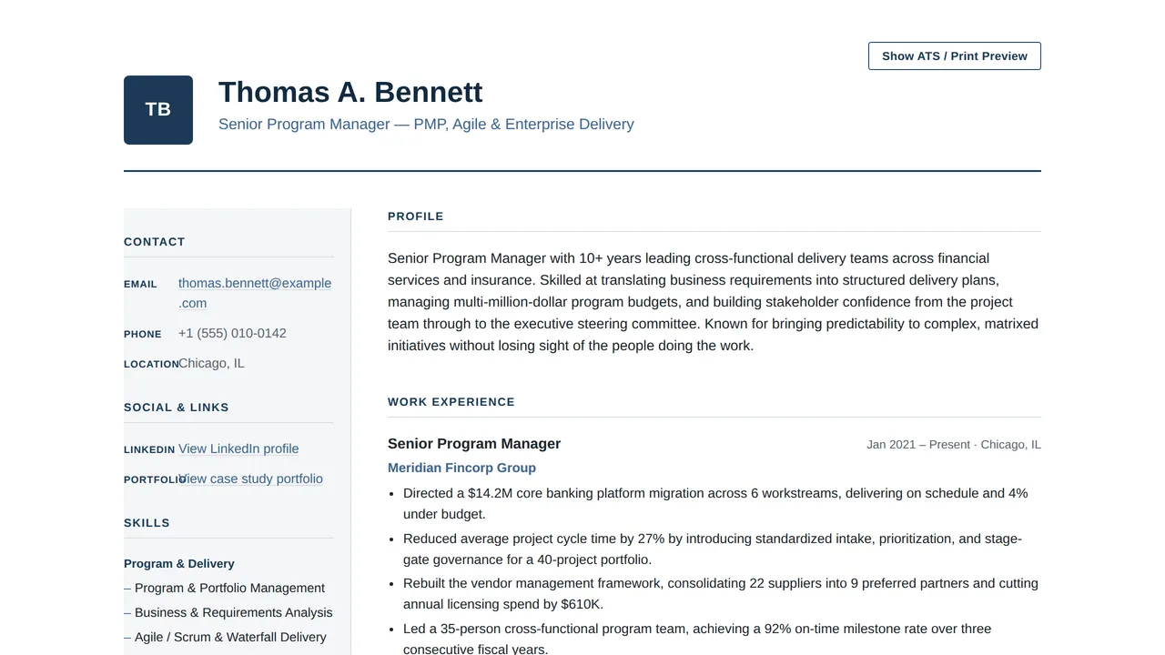 Corporate Professional — Two-Column Classic — ATS-Friendly Resume & CV Template — Resumes & CVs template preview