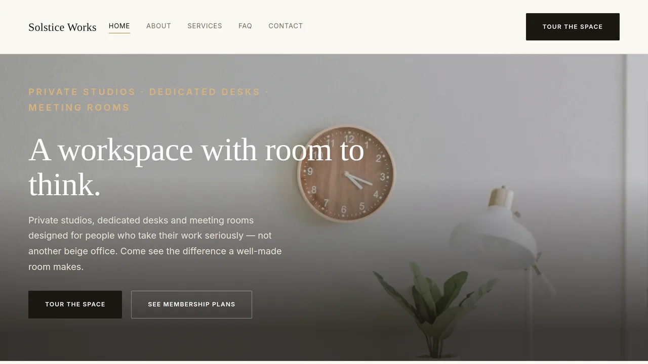 Solstice Works — Coworking Space Website (Frontend + Backend) — Dynamic Websites template preview