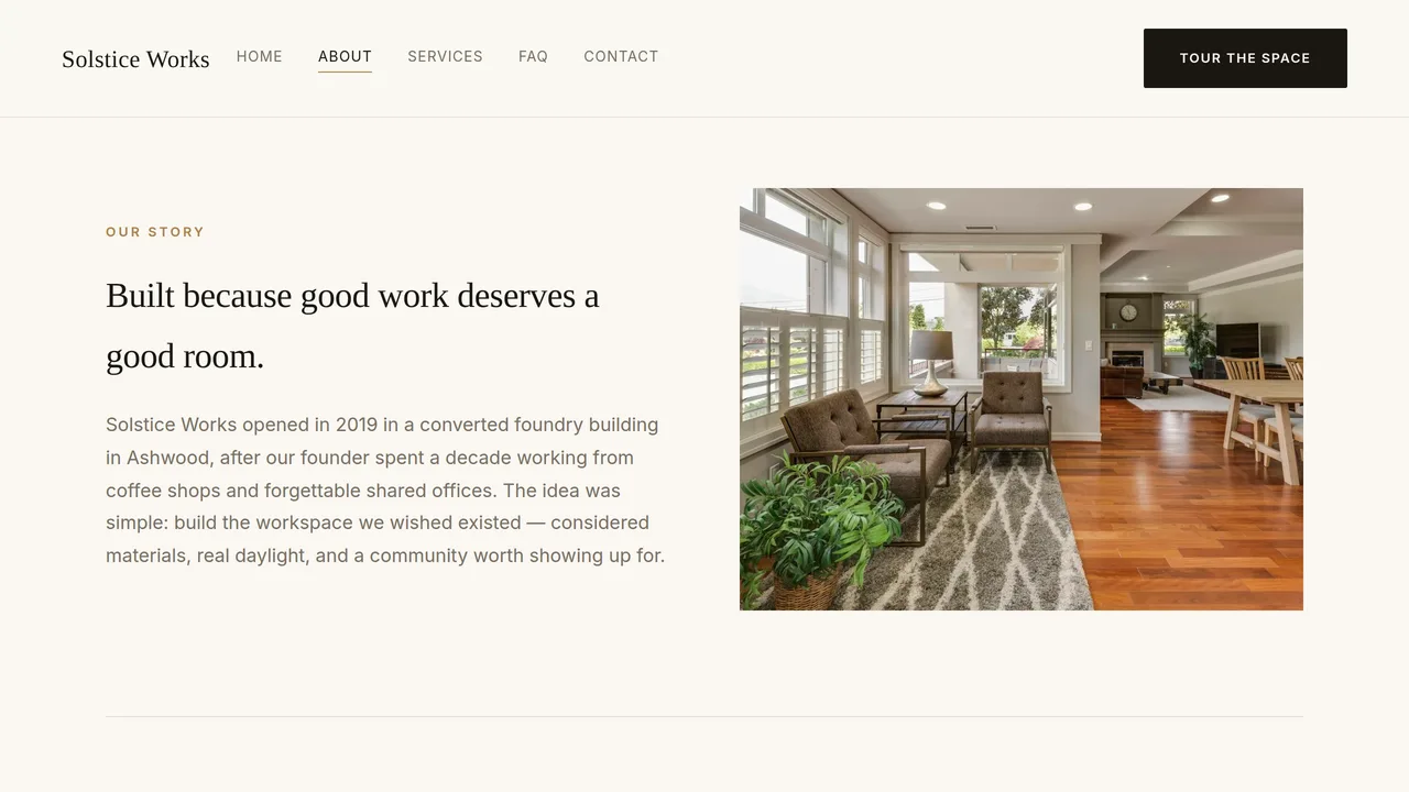 Solstice Works — Coworking Space Website (Frontend + Backend) — preview screenshot 2 of 3