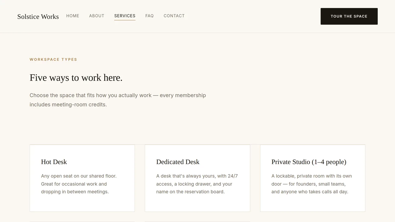 Solstice Works — Coworking Space Website (Frontend + Backend) — preview screenshot 3 of 3