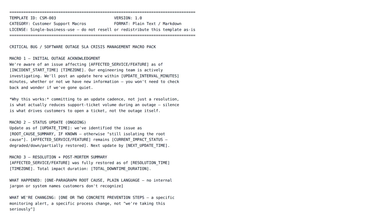 Critical Bug / Software Outage SLA Crisis Management Macro Pack — Customer Support Macros template preview