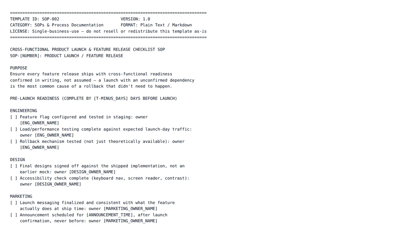 Cross-Functional Product Launch & Feature Release Checklist SOP — SOPs & Documentation template preview