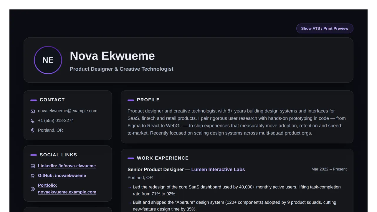 Dark Mode Premium — ATS-Friendly Resume & CV Template — Resumes & CVs template preview