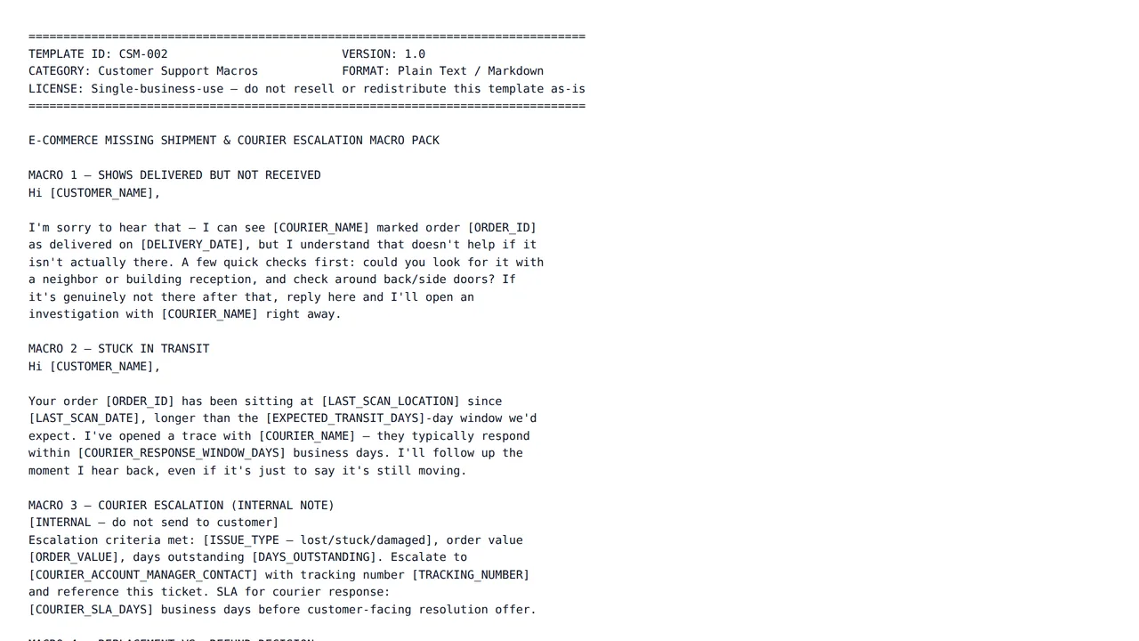 E-commerce Missing Shipment & Courier Escalation Macro Pack — Customer Support Macros template preview