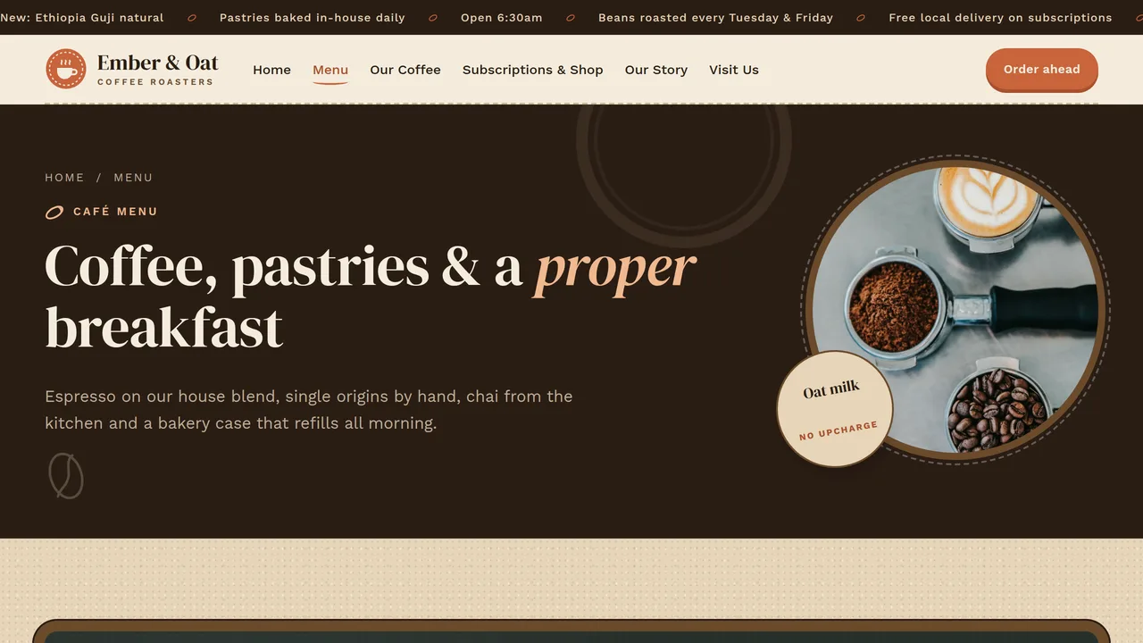Ember & Oat Coffee Roasters — Café & Coffee Roaster Website (6 Pages) — preview screenshot 2 of 4