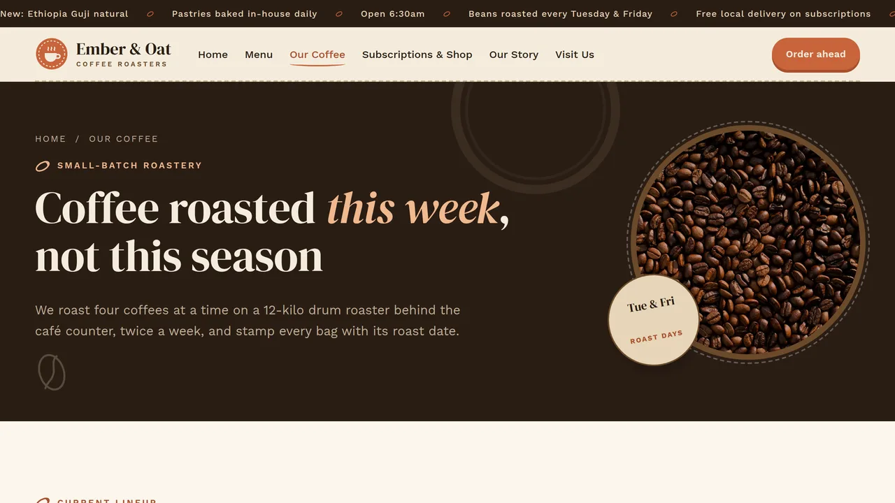 Ember & Oat Coffee Roasters — Café & Coffee Roaster Website (6 Pages) — preview screenshot 3 of 4