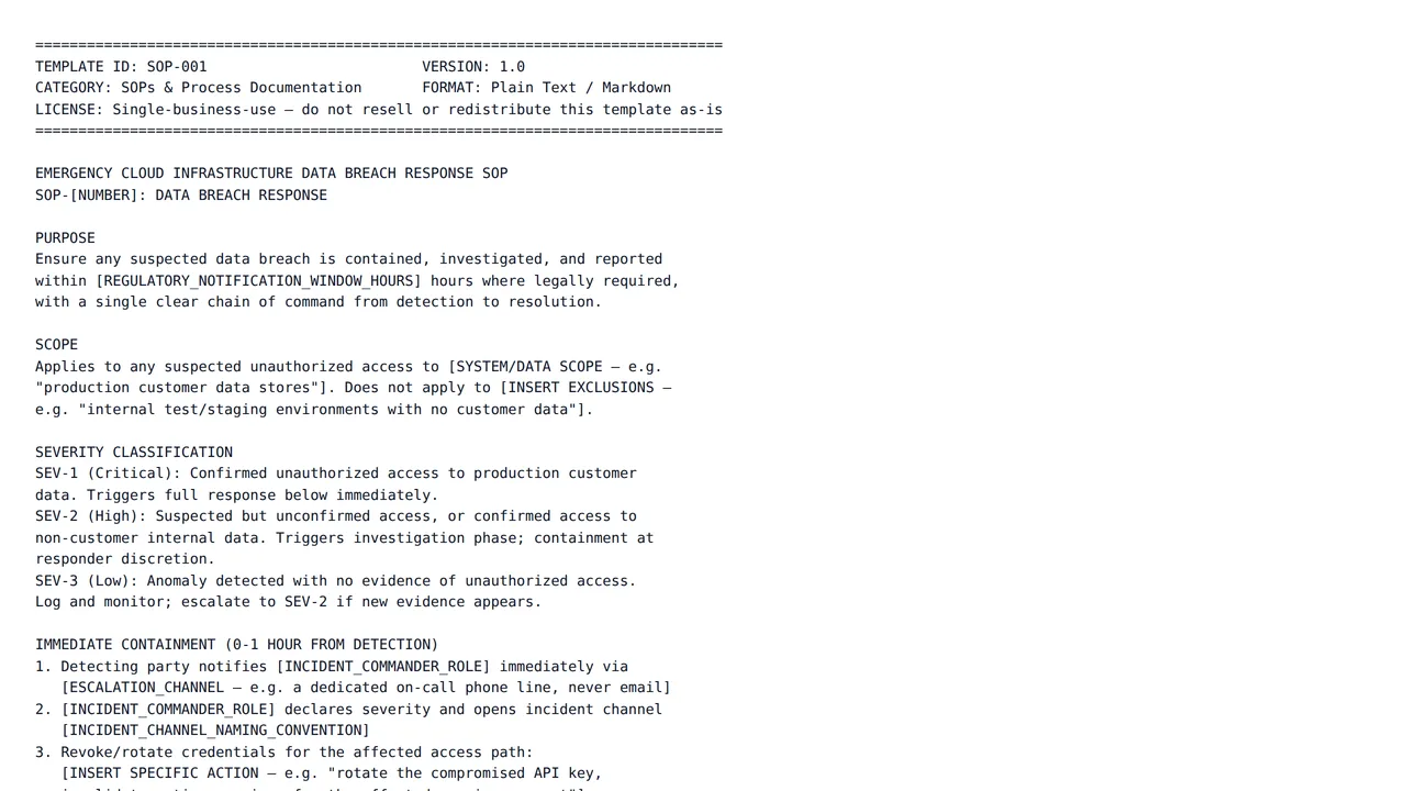 Emergency Cloud Infrastructure Data Breach Response SOP — SOPs & Documentation template preview