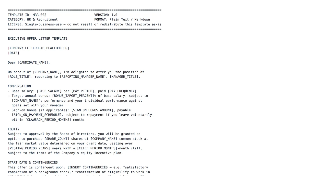 Executive Offer Letter Template with Jurisdiction-Specific Disclaimers — HR & Recruitment template preview