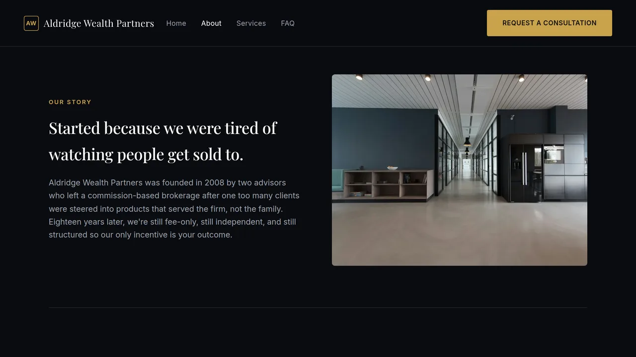 Aldridge Wealth Partners — Financial Advisory Website (Frontend + Backend) — preview screenshot 2 of 3