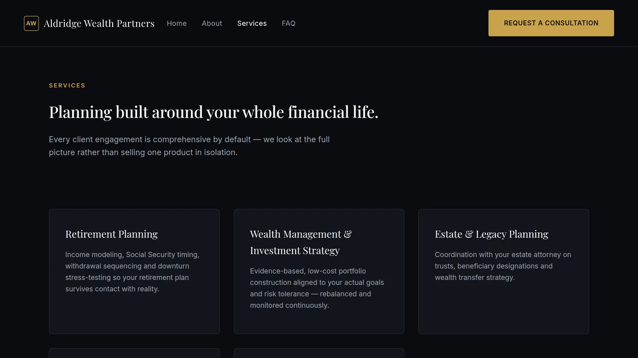 Aldridge Wealth Partners — Financial Advisory Website (Frontend + Backend) — preview screenshot 3 of 3