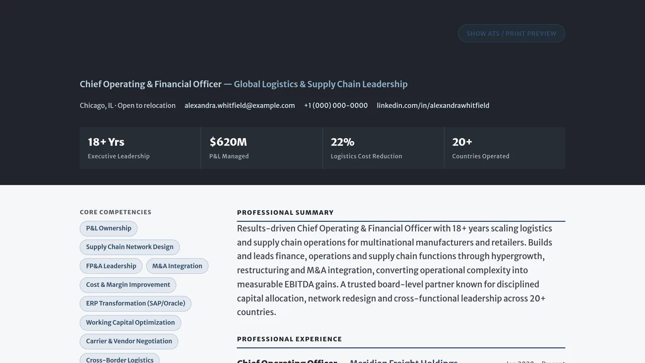 Graphite & Blue — Executive Leadership CV + Cover Letter — Resumes & CVs template preview