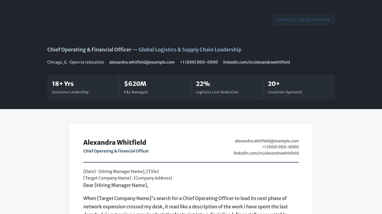 Graphite & Blue — Executive Leadership CV + Cover Letter — preview screenshot 2 of 2