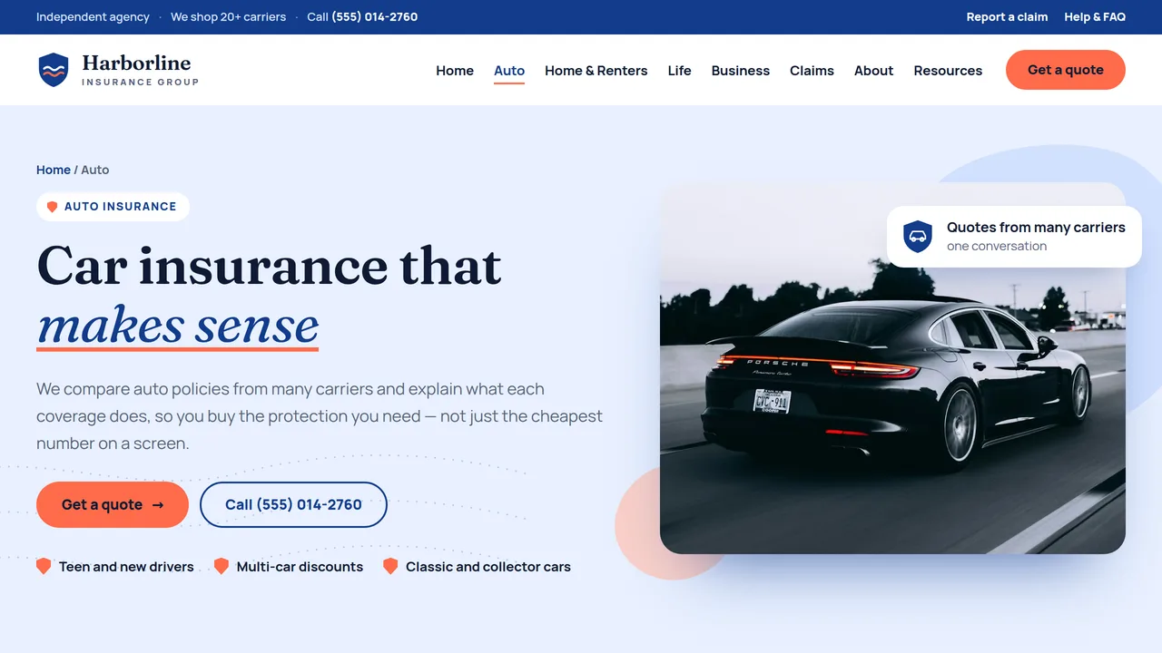 Harborline Insurance Group — Independent Insurance Agency Website (9 Pages) — preview screenshot 2 of 4