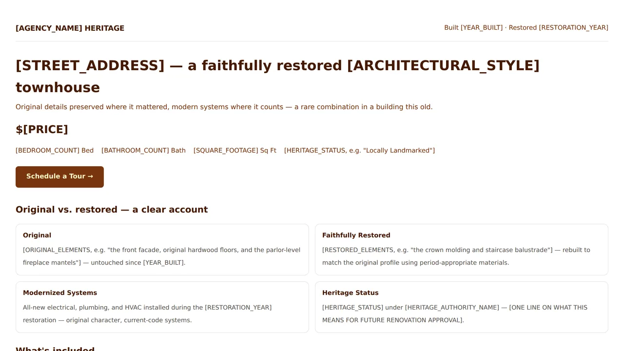 Historic Restored Classic Townhouse Single Site Layout — Real Estate Listings template preview