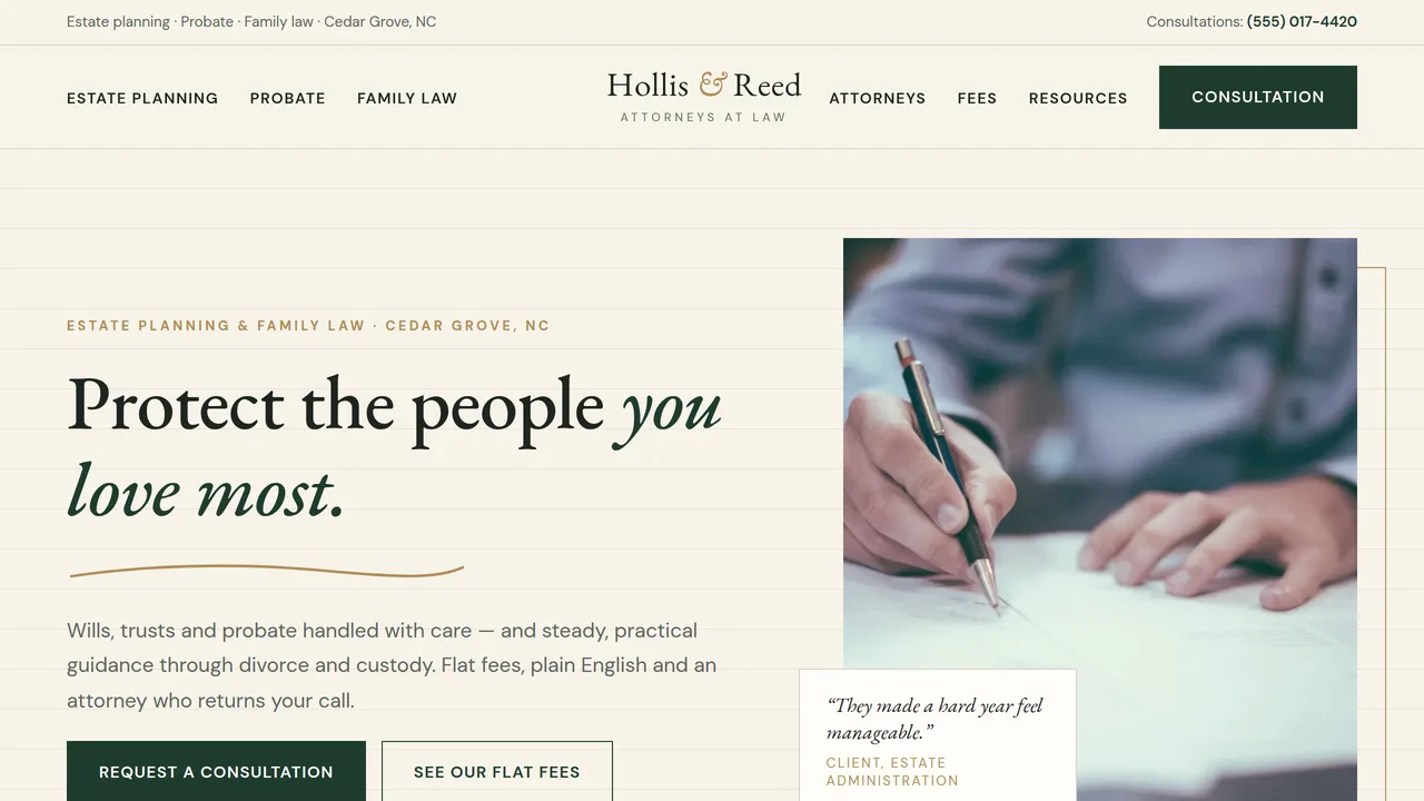 Hollis & Reed — Estate Planning & Family Law Firm Website (8 Pages) — preview screenshot 1 of 4