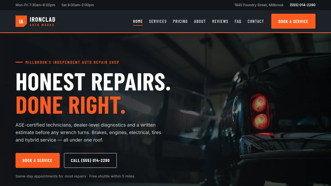 Ironclad Auto Works — Auto Repair & Mechanic Website (8 Pages) — Static Websites template preview
