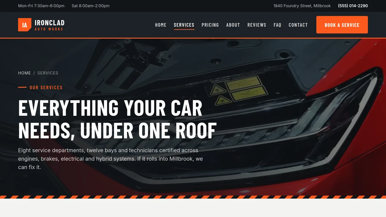 Ironclad Auto Works — Auto Repair & Mechanic Website (8 Pages) — preview screenshot 2 of 4