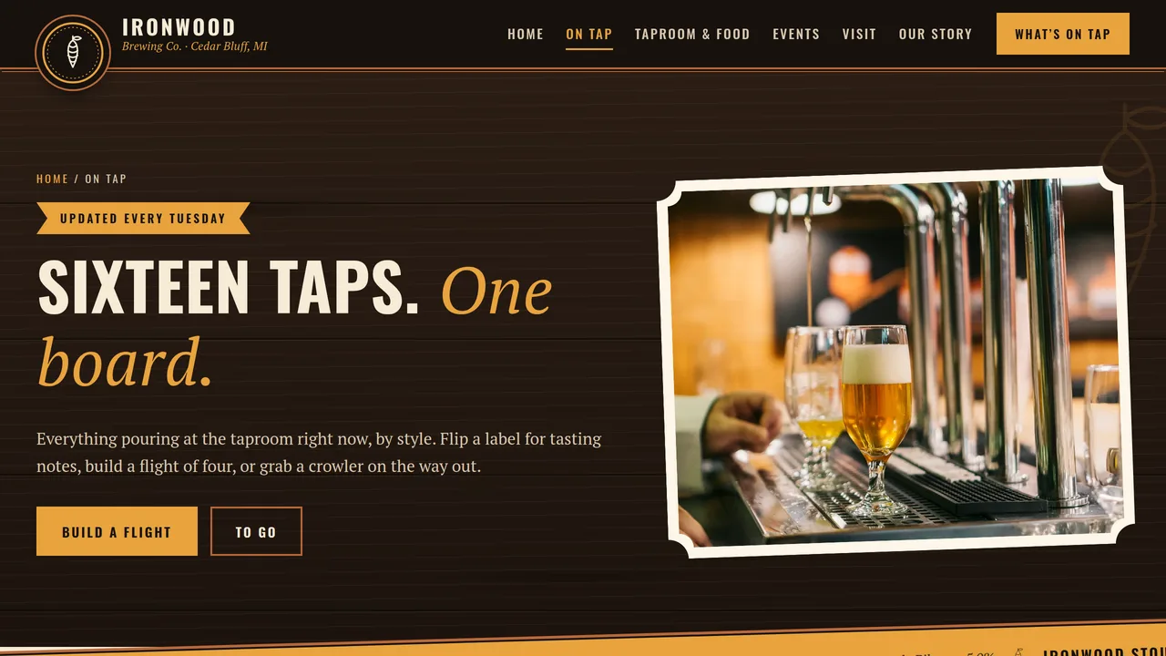 Ironwood Brewing Co. — Craft Brewery & Taproom Website (6 Pages) — preview screenshot 2 of 4