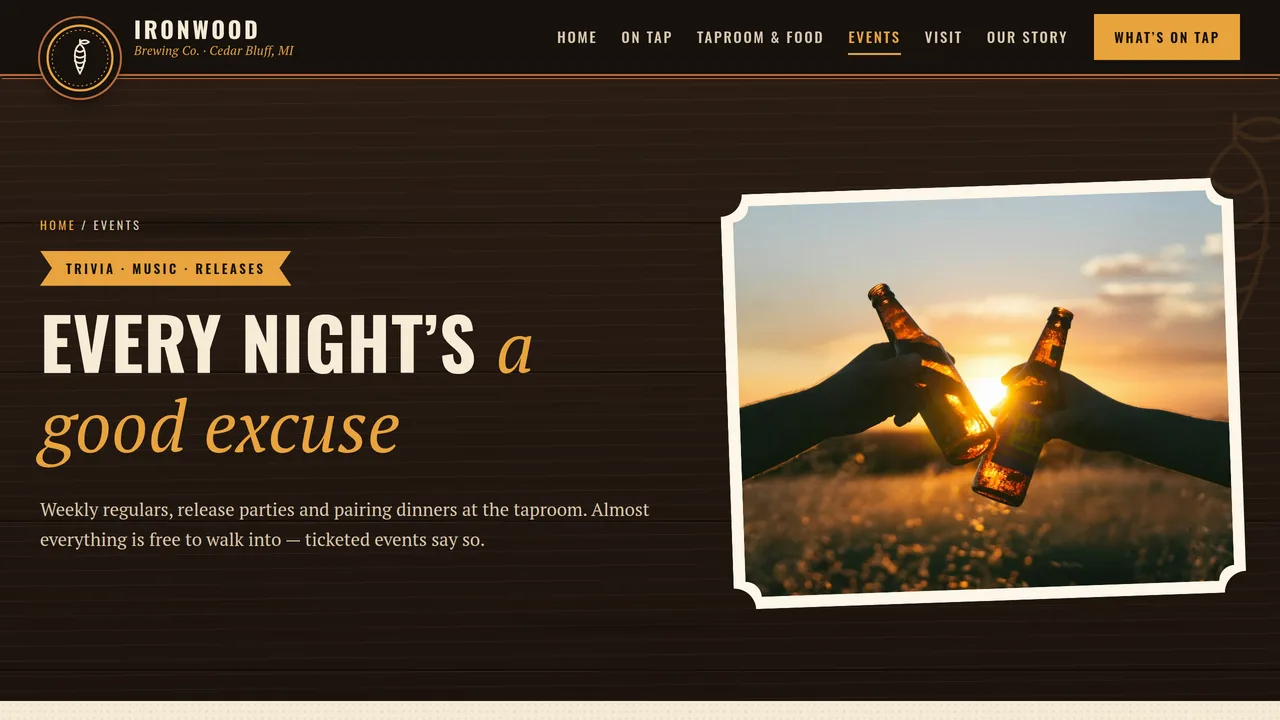 Ironwood Brewing Co. — Craft Brewery & Taproom Website (6 Pages) — preview screenshot 4 of 4