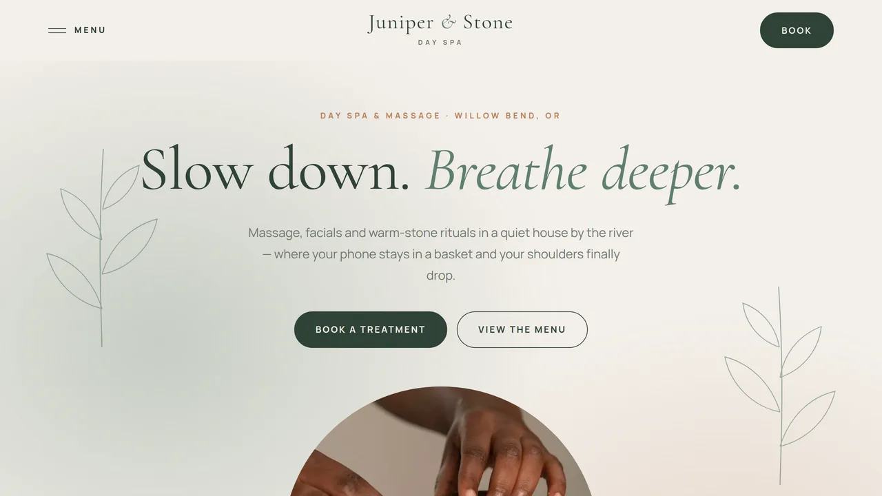 Juniper & Stone — Day Spa & Massage Website (6 Pages) — preview screenshot 1 of 4