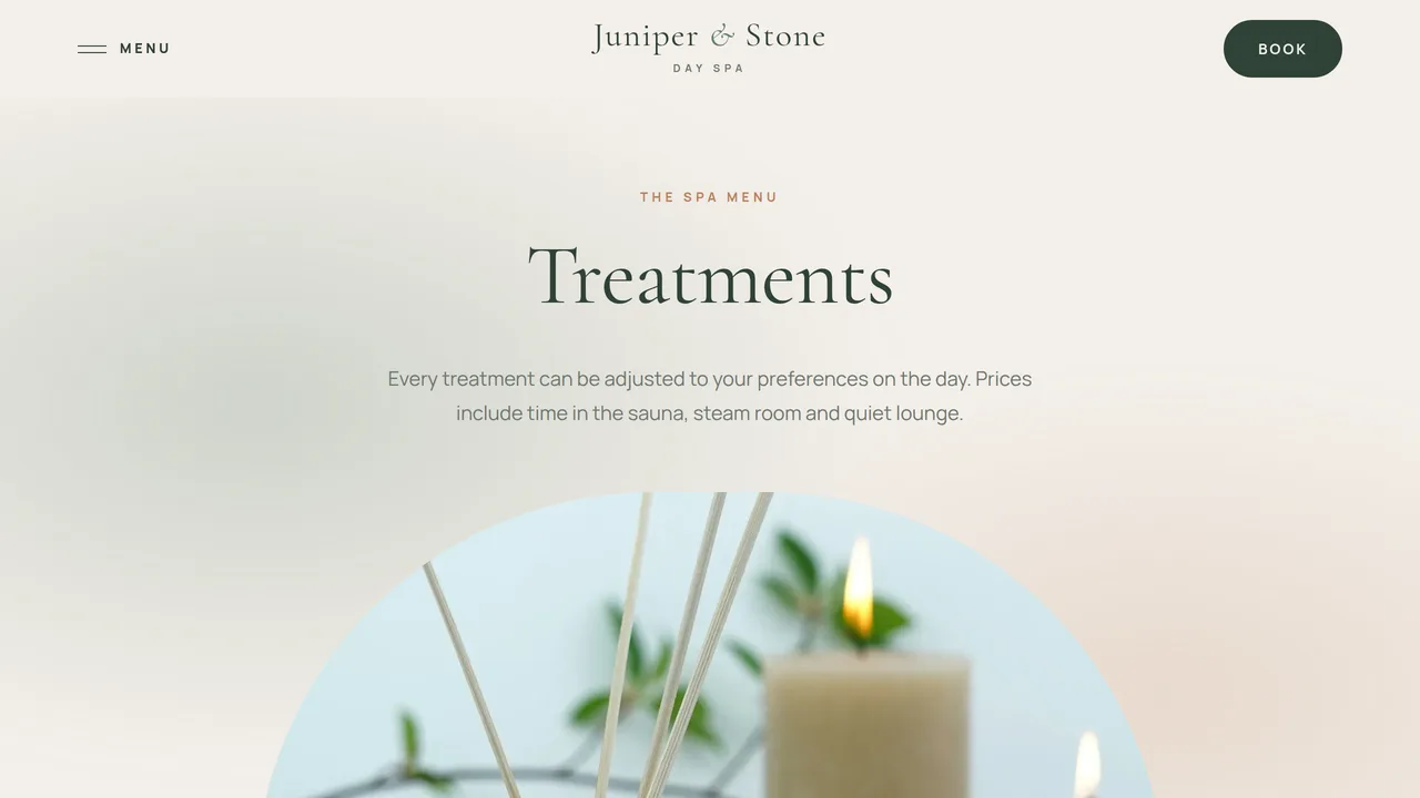 Juniper & Stone — Day Spa & Massage Website (6 Pages) — preview screenshot 2 of 4