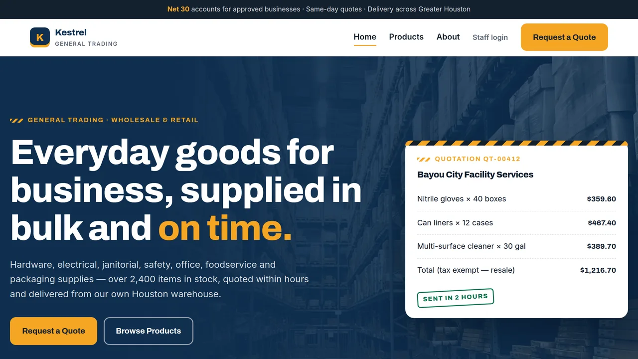 Kestrel General Trading — Wholesale & Trading Company Website + Back Office (Quotes, Invoicing, Inventory, Purchasing, Payroll) — preview screenshot 1 of 4