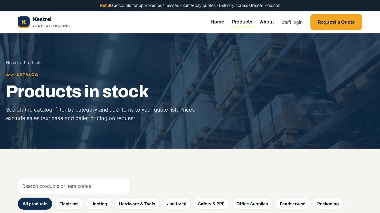 Kestrel General Trading — Wholesale & Trading Company Website + Back Office (Quotes, Invoicing, Inventory, Purchasing, Payroll) — preview screenshot 2 of 4