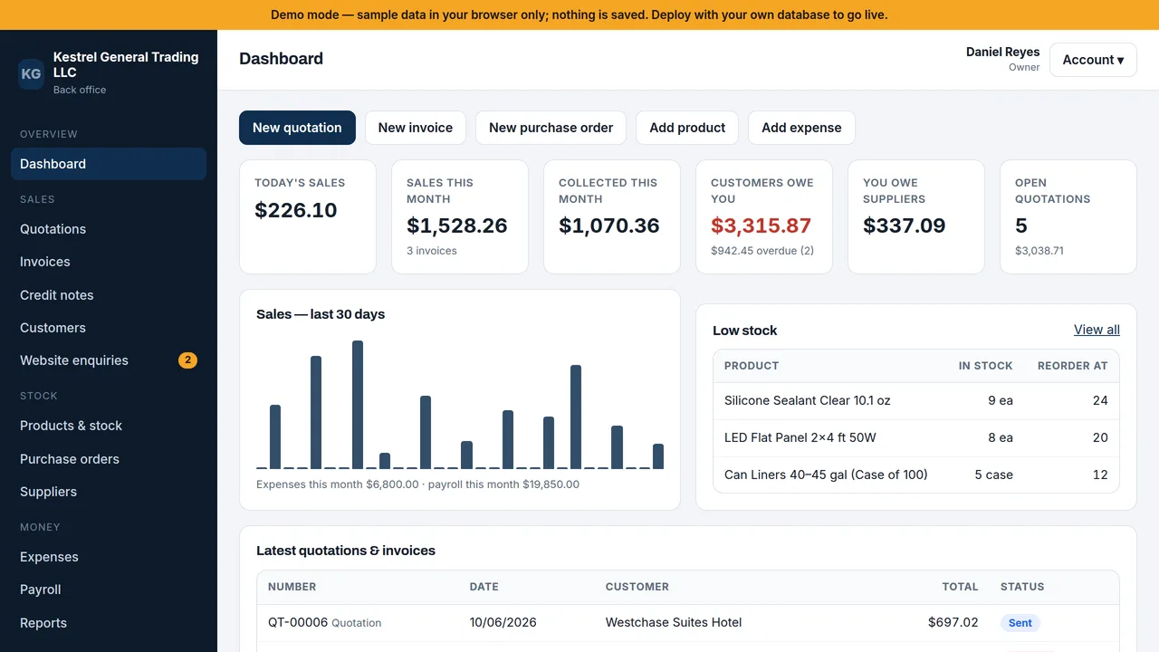 Kestrel General Trading — Wholesale & Trading Company Website + Back Office (Quotes, Invoicing, Inventory, Purchasing, Payroll) — preview screenshot 3 of 4