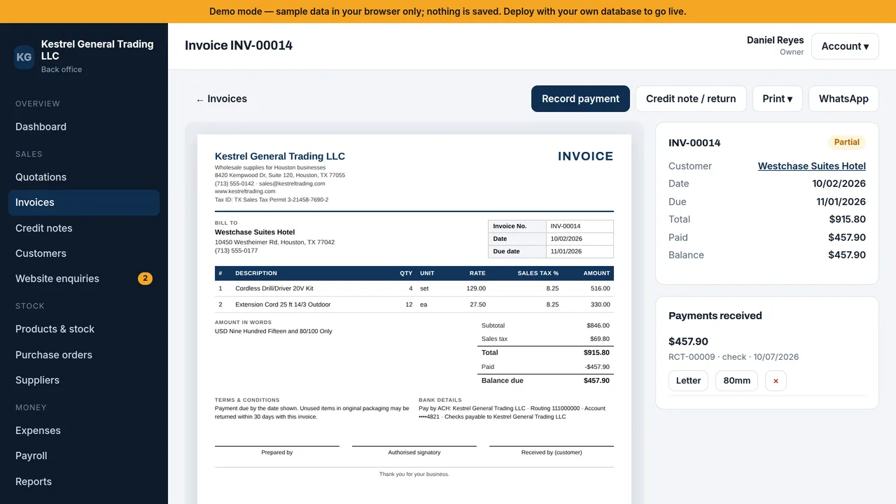 Kestrel General Trading — Wholesale & Trading Company Website + Back Office (Quotes, Invoicing, Inventory, Purchasing, Payroll) — preview screenshot 4 of 4