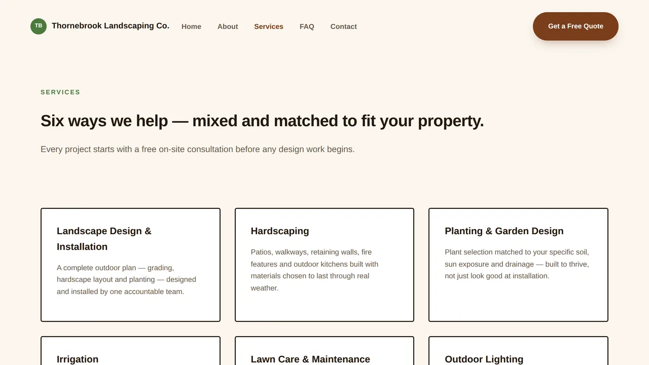Thornebrook Landscaping Co. — Landscaping Company Website (Frontend + Backend) — preview screenshot 3 of 3