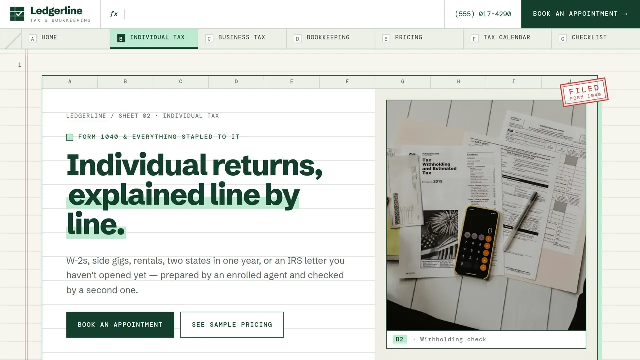 Ledgerline Tax & Bookkeeping — Tax Preparation & Bookkeeping Firm Website (8 Pages) — preview screenshot 2 of 4