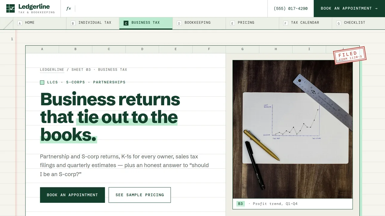Ledgerline Tax & Bookkeeping — Tax Preparation & Bookkeeping Firm Website (8 Pages) — preview screenshot 3 of 4