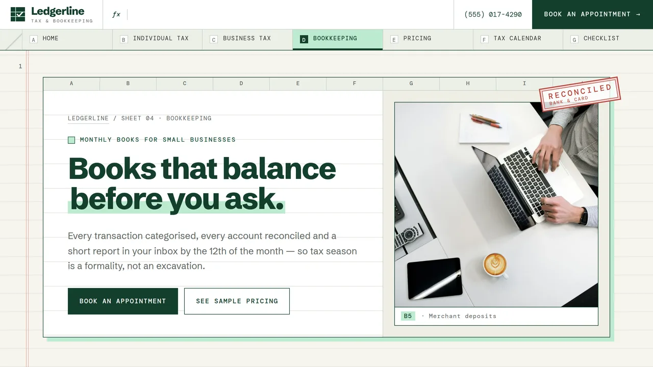 Ledgerline Tax & Bookkeeping — Tax Preparation & Bookkeeping Firm Website (8 Pages) — preview screenshot 4 of 4
