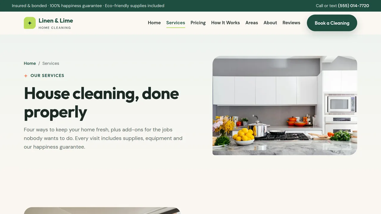 Linen & Lime Home Cleaning — House Cleaning Service Website (8 Pages) — preview screenshot 2 of 4