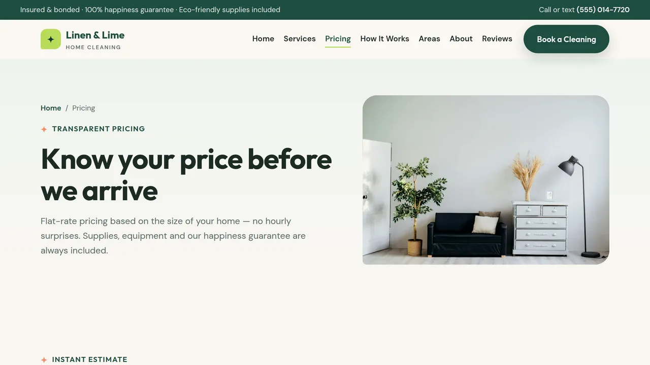 Linen & Lime Home Cleaning — House Cleaning Service Website (8 Pages) — preview screenshot 3 of 4