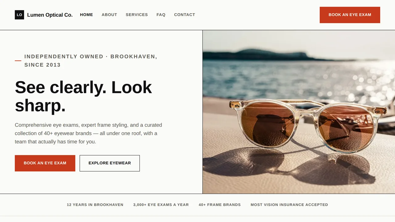 Lumen Optical Co. — Independent Optical Store Website (Frontend + Backend) — preview screenshot 1 of 3