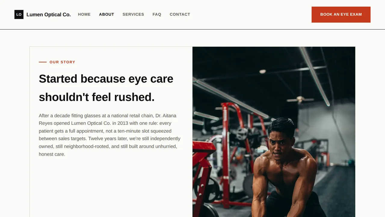 Lumen Optical Co. — Independent Optical Store Website (Frontend + Backend) — preview screenshot 2 of 3