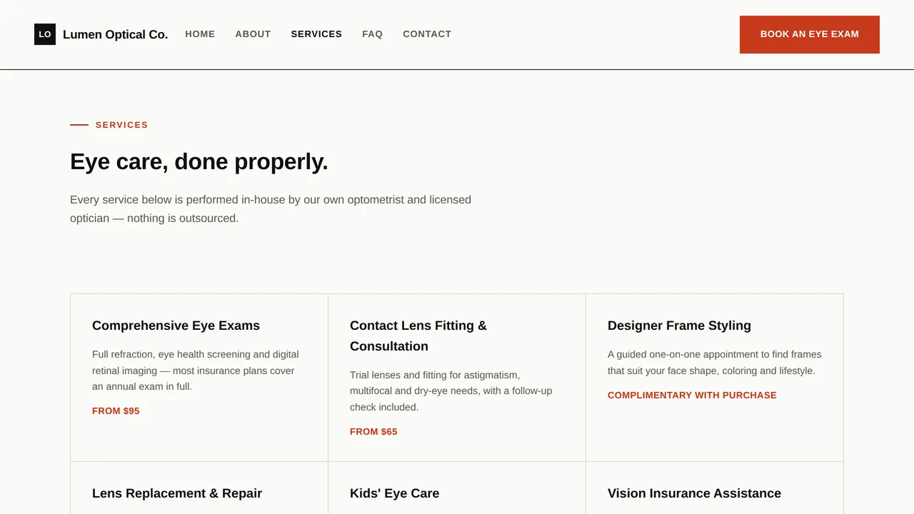 Lumen Optical Co. — Independent Optical Store Website (Frontend + Backend) — preview screenshot 3 of 3